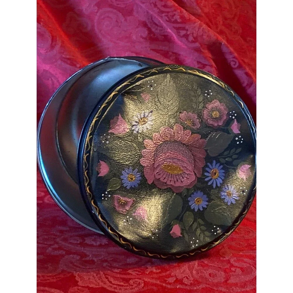 Vintage black tole painted tin Cookie Tin